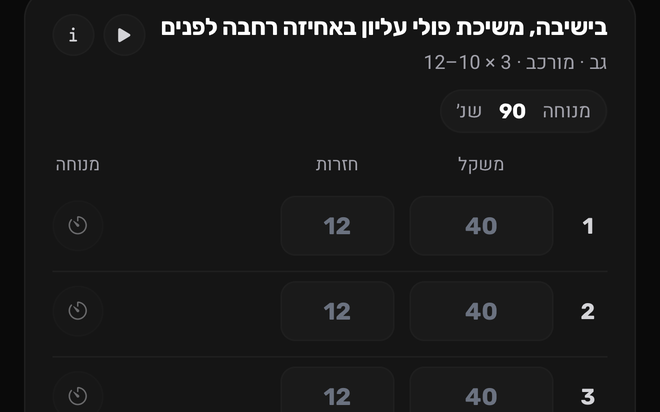 מסך אימון באפליקציה: כל סט עם המשקל, החזרות וטיימר המנוחה